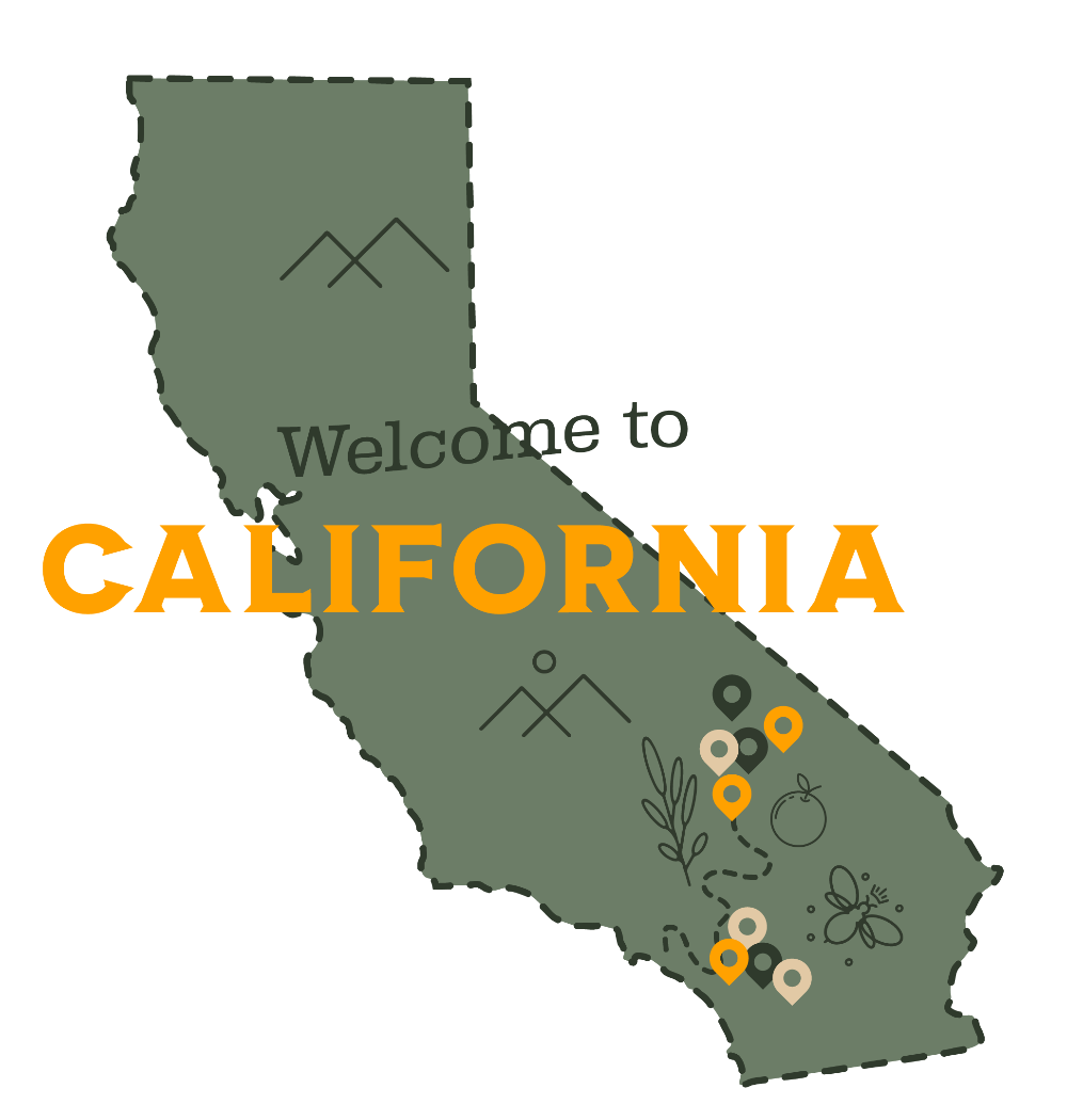 Welcome to California Sign with markers for where Good Honey Hives are located