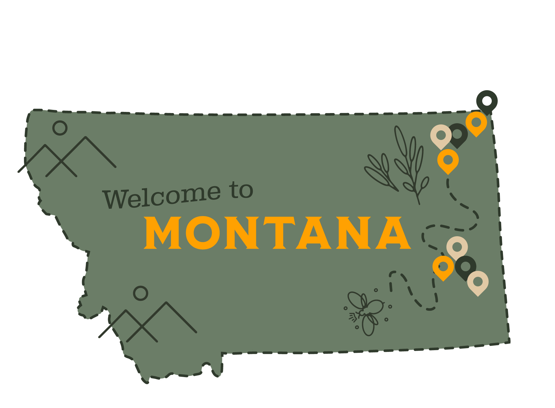 A Welcome to Montana sign with Location markers pointing to Good Honey Bee Hives