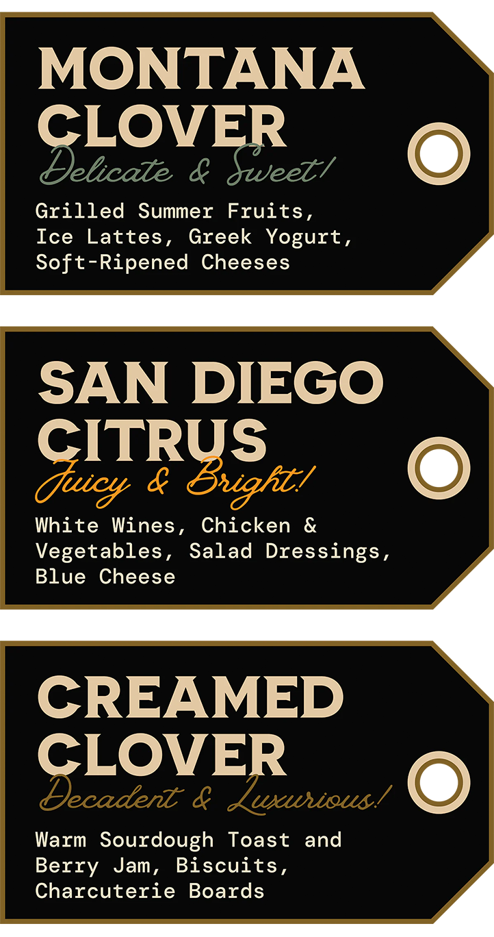 Montana Clover, San Diego Citrus, and Creamed Clover Honey labels